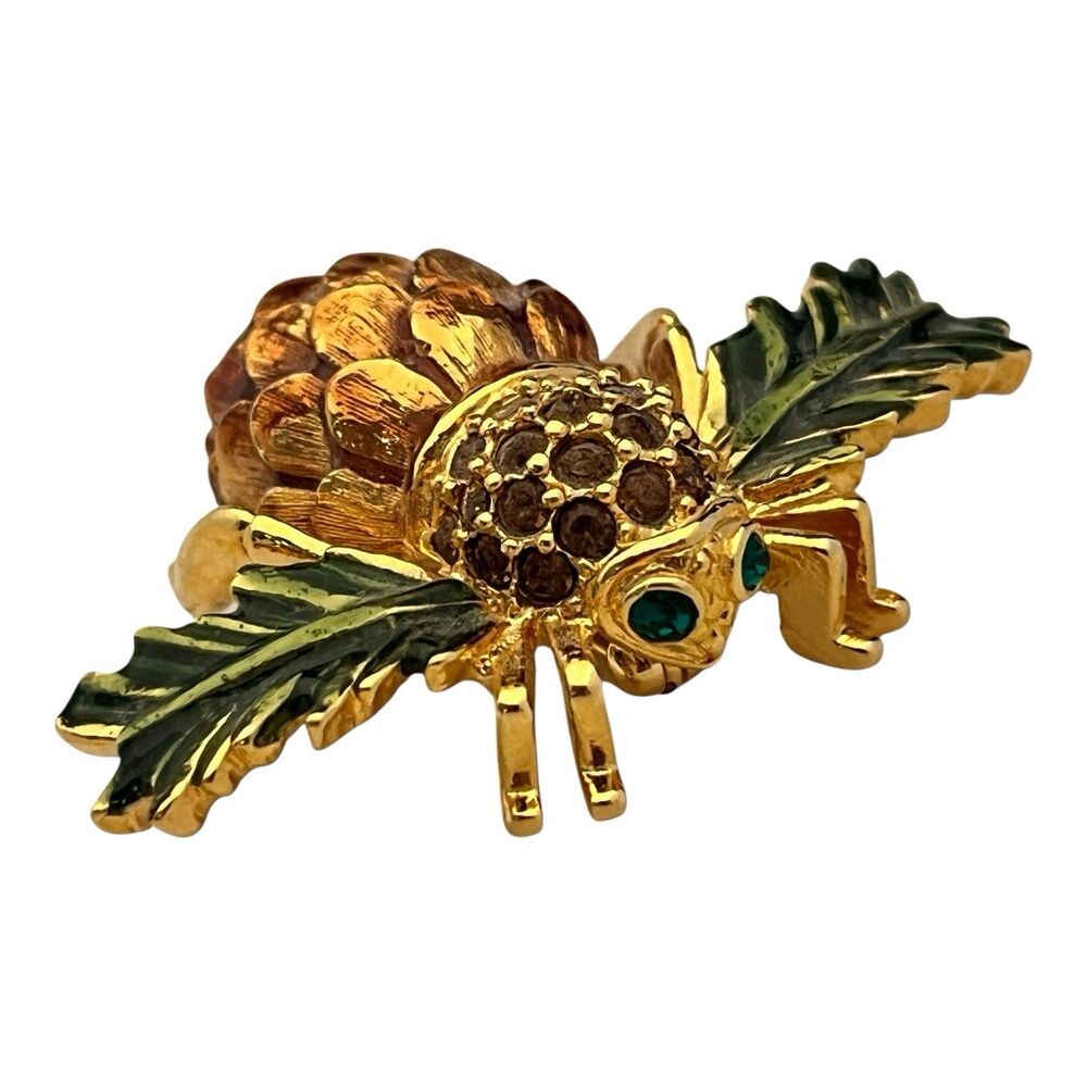 Joan Rivers Pinecone Bee Brooch Gold Tone Enamel Rhinestone - 7S